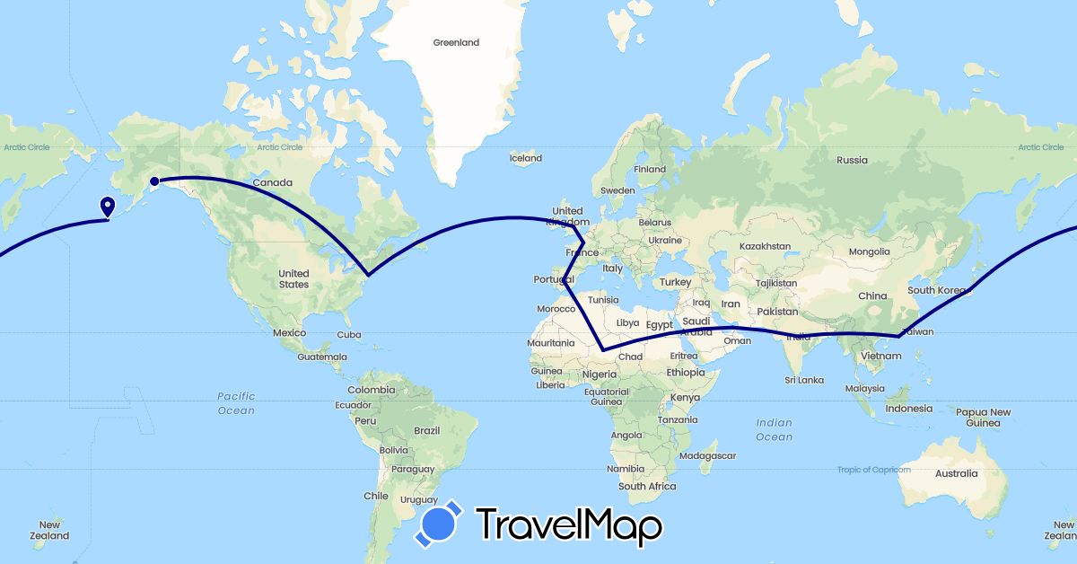 TravelMap itinerary: driving in United Arab Emirates, China, Spain, France, United Kingdom, India, Japan, Niger, United States (Africa, Asia, Europe, North America)